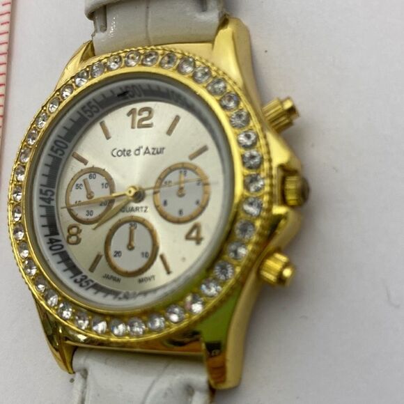 Cote d’ Azur Women's White & Gold Faux Leather Band Rhinestone Quartz Wristwatch - Picture 11 of 11